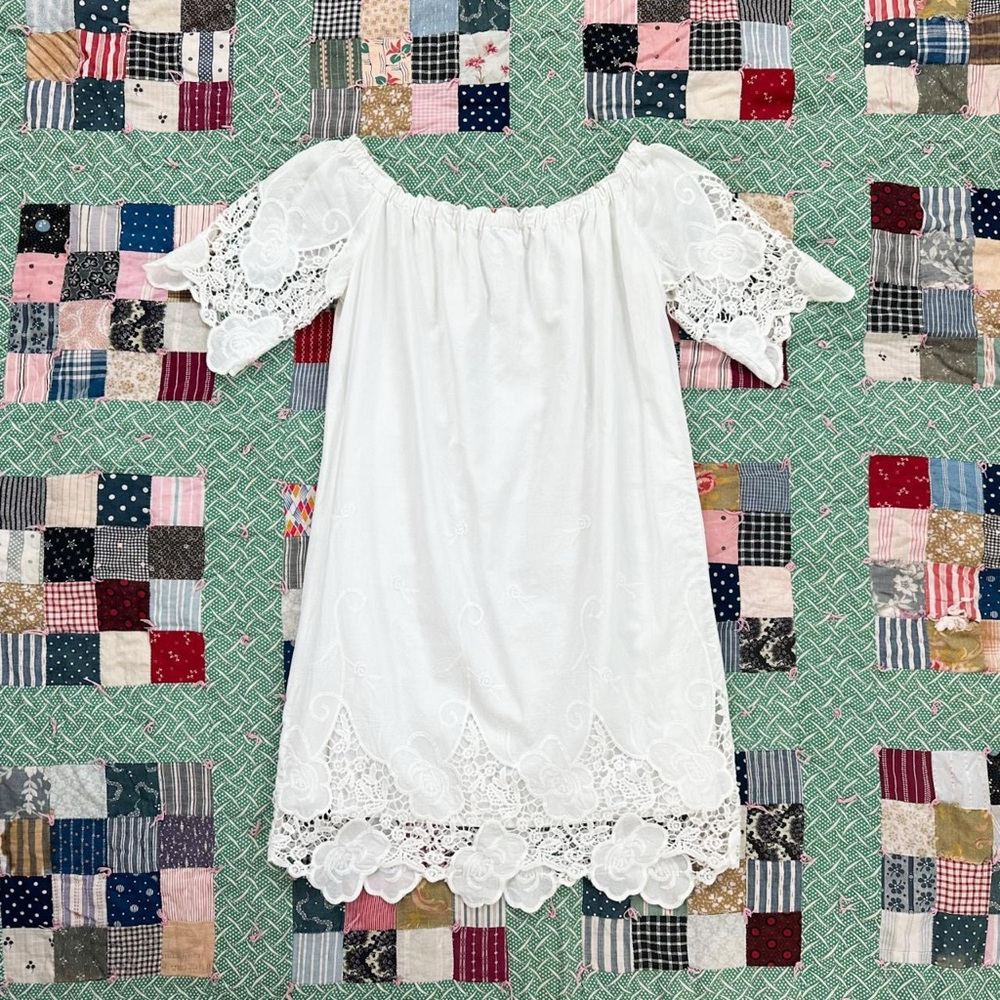 Barneys Off The Shoulder White 100% Cotton Lace Milkmaid Mini Shift Dress small